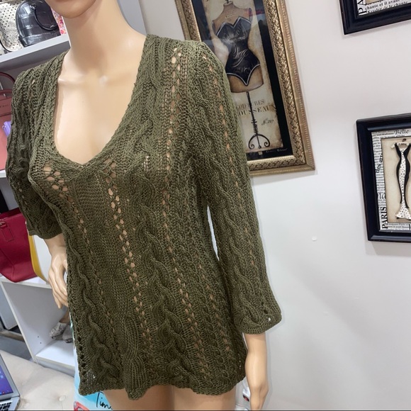 Lauren Ralph Lauren Olive Green Mercerized Cotton Crochet Eyelet V Neck Sweater - Picture 3 of 13